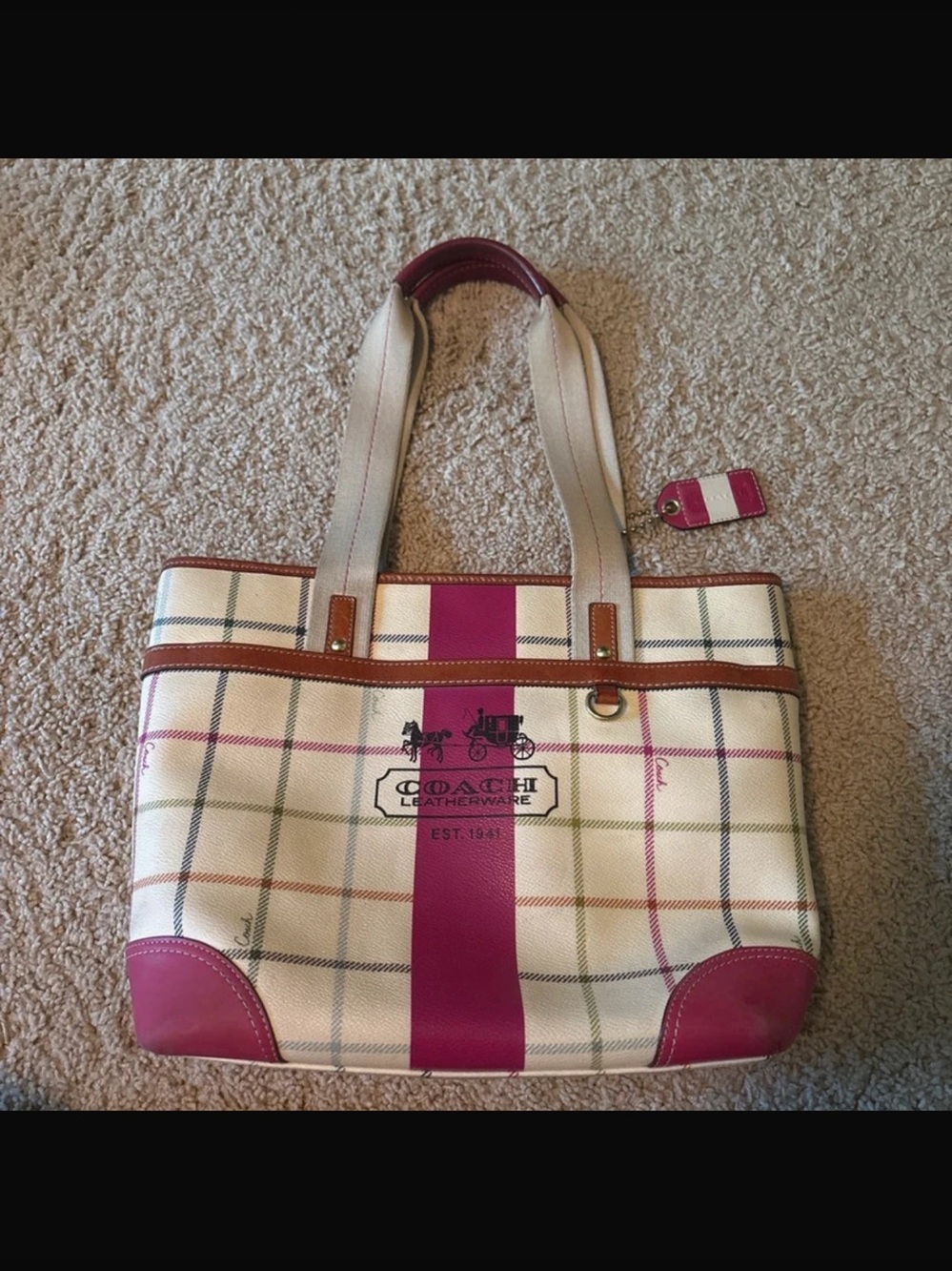 Coach Cream Plaid Tote with Pink Stripe and Leather Trim